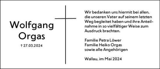 Traueranzeige von Wolfgang Orgas von Hinterländer Anzeiger