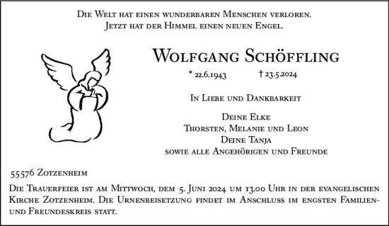 Traueranzeige von Wolfgang Schöffling von Allgemeine Zeitung Bingen/Ingelheim