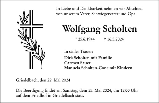 Traueranzeige von Wolfgang Scholten von Wetzlarer Neue Zeitung