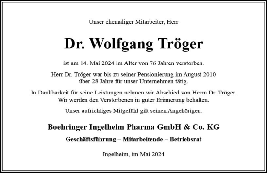 Traueranzeige von Wolfgang Tröger von Allgemeine Zeitung Bingen/Ingelheim