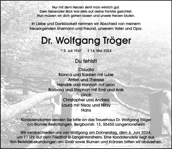Traueranzeige von Wolfgang Tröger von Allgemeine Zeitung Bad Kreuznach