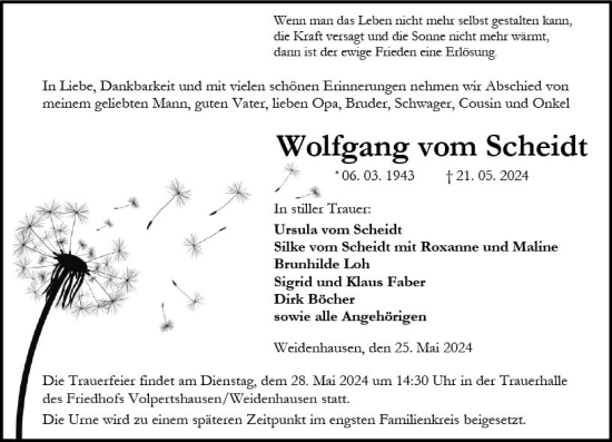 Traueranzeige von Wolfgang vom Scheidt von Wetzlarer Neue Zeitung