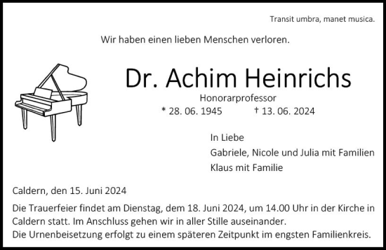 Traueranzeige von Achim Heinrichs von Hinterländer Anzeiger