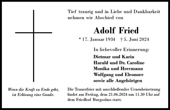 Traueranzeige von Adolf Fried von Wetzlarer Neue Zeitung