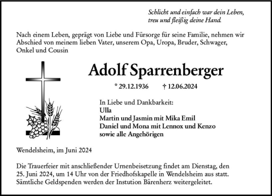 Traueranzeige von Adolf Sparrenberger von Allgemeine Zeitung Alzey
