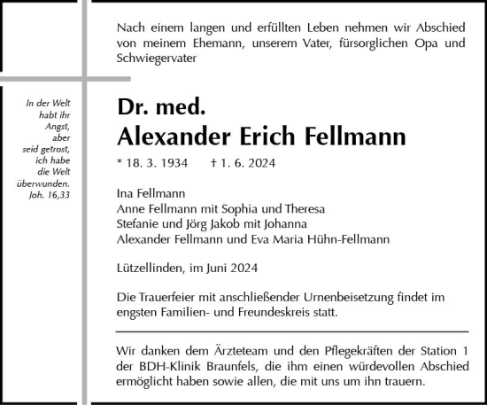 Traueranzeige von Alexander  Fellmann von Wetzlarer Neue Zeitung