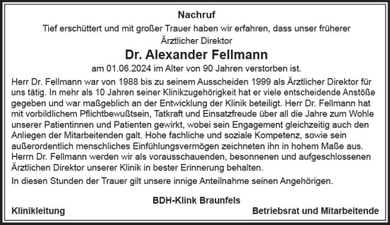 Traueranzeige von Alexander  Fellmann von Wetzlarer Neue Zeitung