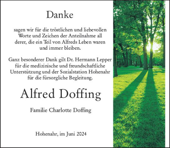 Traueranzeige von Alfred Doffing von Wetzlarer Neue Zeitung