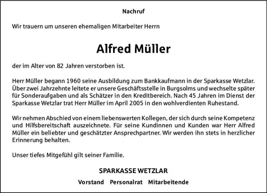 Traueranzeige von Alfred Müller von Wetzlarer Neue Zeitung