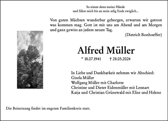 Traueranzeige von Alfred Müller von Wetzlarer Neue Zeitung