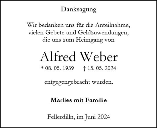 Traueranzeige von Alfred Weber von Dill Block