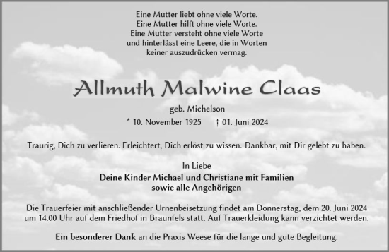 Traueranzeige von Allmuth Claas von Wetzlarer Neue Zeitung