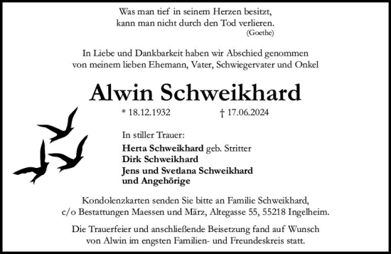 Traueranzeige von Altyin Schweikhard von Allgemeine Zeitung Bingen/Ingelheim