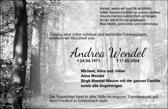 Traueranzeige von Andrea Wendel von Odenwälder Echo