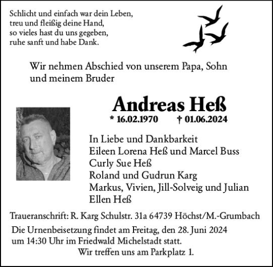 Traueranzeige von Andreas Heß von Odenwälder Echo
