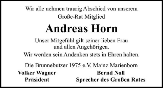 Traueranzeige von Andreas Horn von Allgemeine Zeitung Mainz