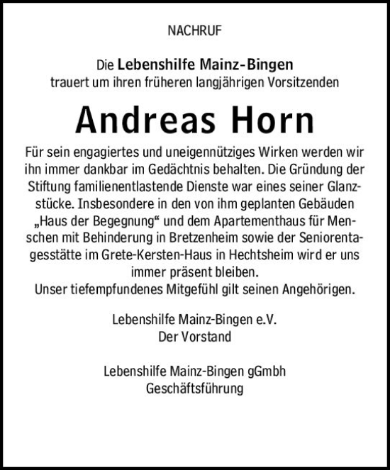Traueranzeige von Andreas Horn von Allgemeine Zeitung Mainz