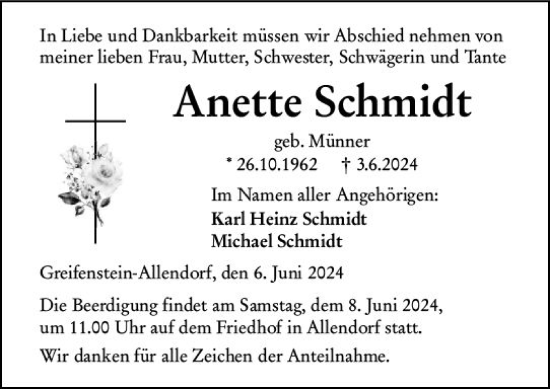 Traueranzeige von Anette Schmidt von Wetzlarer Neue Zeitung