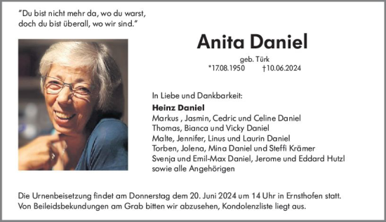 Traueranzeige von Anita Daniel von Darmstädter Echo