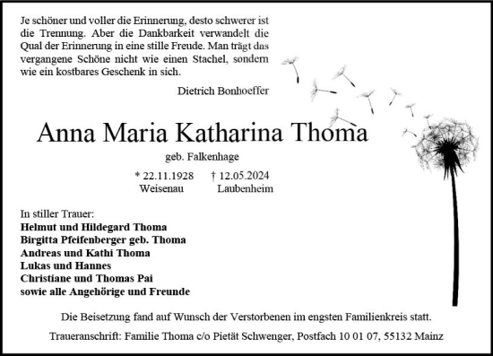 Traueranzeige von Anna Maria Katharina Thoma von Allgemeine Zeitung Mainz