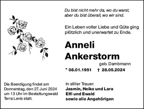 Traueranzeige von Anneli Ankerstorm von Wiesbadener Kurier