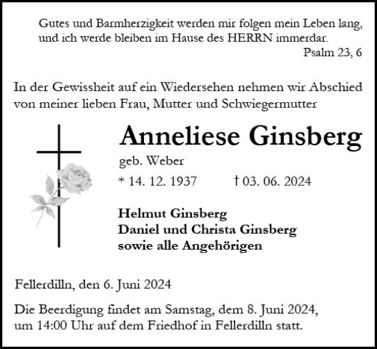 Traueranzeige von Anneliese Ginsberg von Dill Block