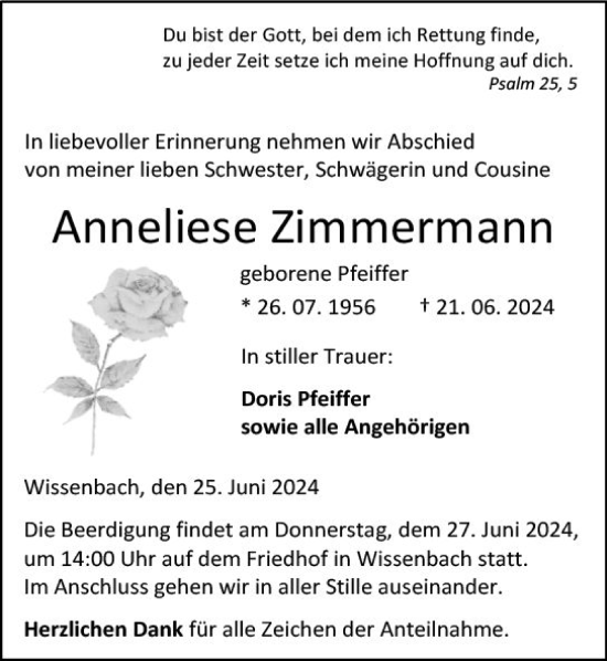 Traueranzeige von Anneliese Zimmermann von Dill Block
