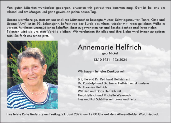 Traueranzeige von Annemarie Helfrich von Groß-Gerauer Echo