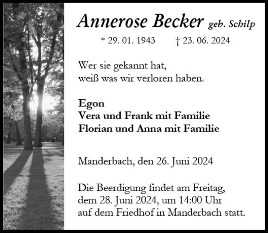Traueranzeige von Annerose Becker von Dill Block