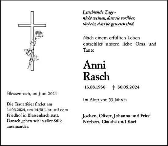 Traueranzeige von Anni Rasch von Weilburger Tageblatt