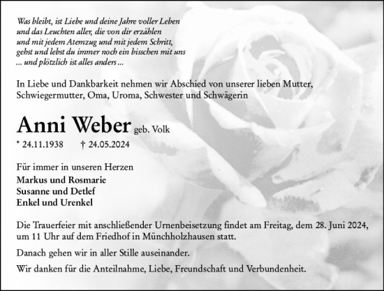 Traueranzeige von Anni Weber von Wetzlarer Neue Zeitung