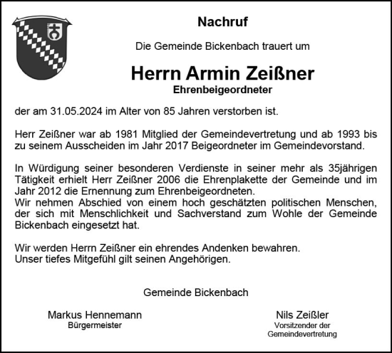 Traueranzeige von Armin Zeißner von Darmstädter Echo