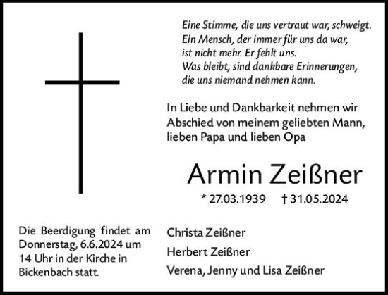 Traueranzeige von Armin Zeißner von Darmstädter Echo