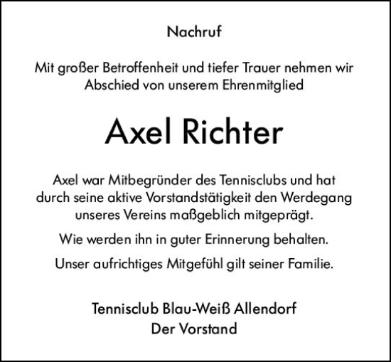 Traueranzeige von Axel Richter von Dill Block