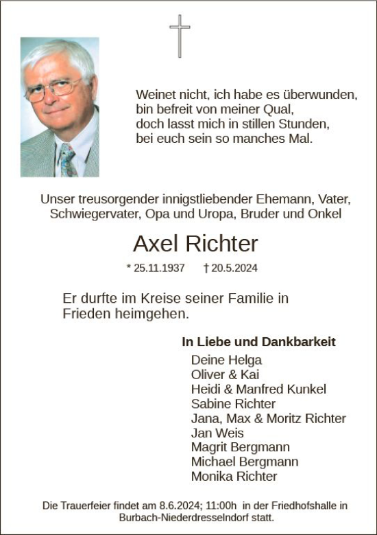 Traueranzeige von Axel Richter von Dill Block