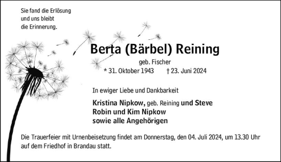 Traueranzeige von Bärbel Reining von Darmstädter Echo