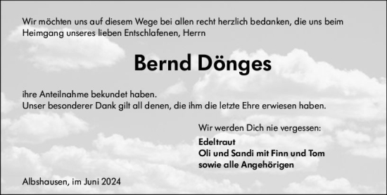 Traueranzeige von Bernd Dönges von Wetzlarer Neue Zeitung