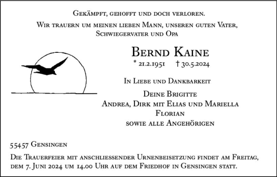Traueranzeige von Bernd Kaine von Allgemeine Zeitung Bingen/Ingelheim