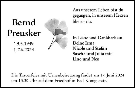 Traueranzeige von Bernd Preusker von Odenwälder Echo