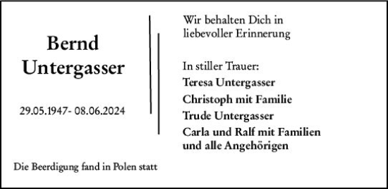 Traueranzeige von Bernd Untergasser von Rüsselsheimer Echo