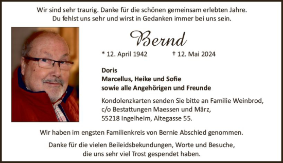 Traueranzeige von Bernd Weinbrod von Allgemeine Zeitung Bingen/Ingelheim