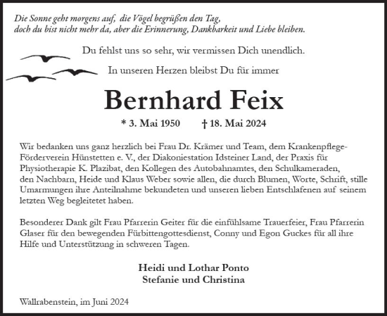 Traueranzeige von Bernhard Feix von Idsteiner Land/Untertaunus