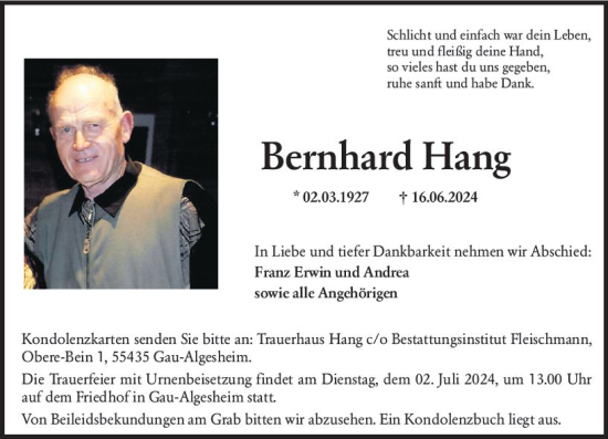 Traueranzeige von Bernhard Hang von Allgemeine Zeitung Bingen/Ingelheim