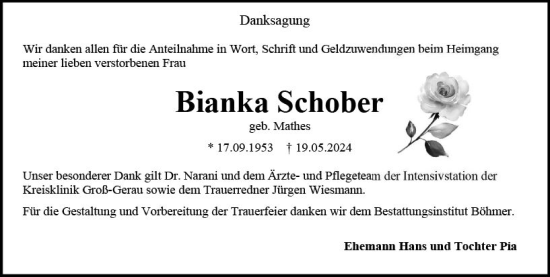 Traueranzeige von Bianka Schober von Allgemeine Zeitung Mainz