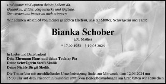 Traueranzeige von Bianka Schober von Allgemeine Zeitung Mainz