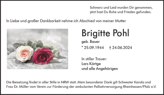 Traueranzeige von Brigitte Pohl von Allgemeine Zeitung Mainz
