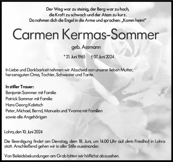 Traueranzeige von Carmen Kermas-Sommer von Hinterländer Anzeiger