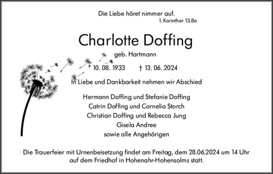 Traueranzeige von Charlotte Doffing von Wetzlarer Neue Zeitung