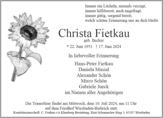 Traueranzeige von Christa Fietkau von Wiesbadener Kurier