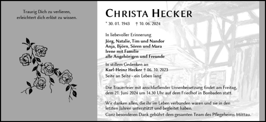 Traueranzeige von Christa Hecker von Wetzlarer Neue Zeitung